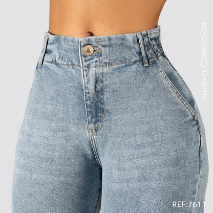 Jeans Mom Fit Tiro Alto Pretina Resortada 7611