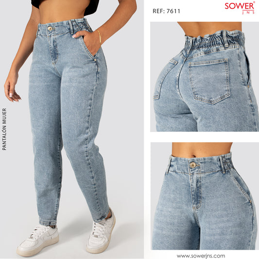 Jeans Mom Fit Tiro Alto Pretina Resortada 7611