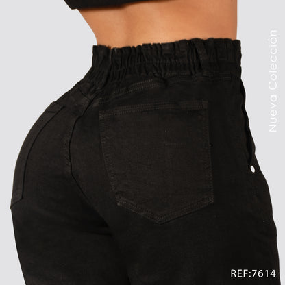 Jeans Mom Fit Tiro Alto Pretina Resortada 7614